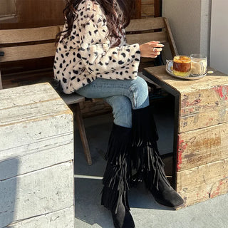 Leopard fur collar coat