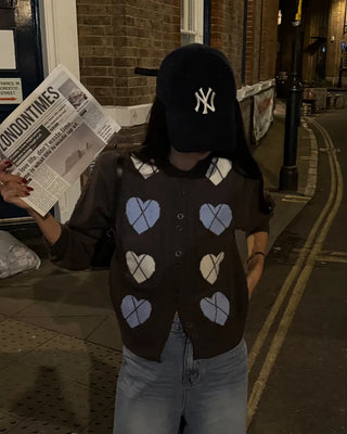 Heart Argyle Round Neck Cardigan