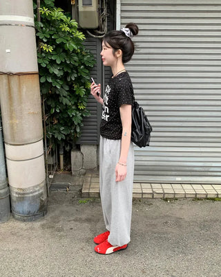 Star pattern lettering short-sleeved T-shirt
