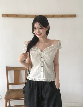 [2-way] Frill Stripe Border Blouse