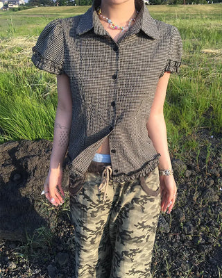 Puff frill sleeve checkered seersucker shirt