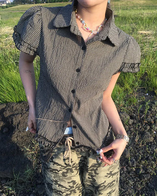 Puff frill sleeve checkered seersucker shirt