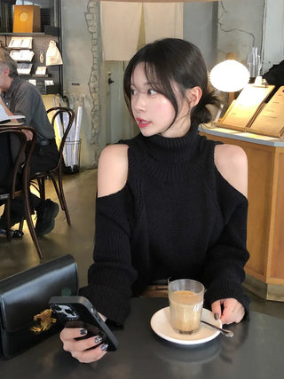 Shoulder slit turtleneck knit