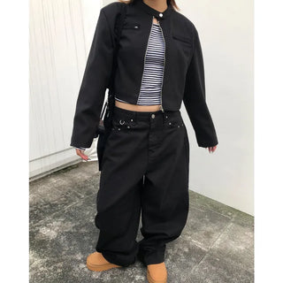 Pointed wide black denim pants