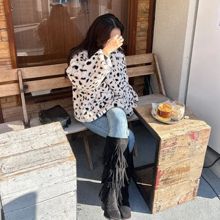Leopard fur collar coat