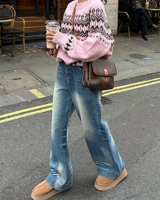 Unique whiskered wash low-rise denim pants