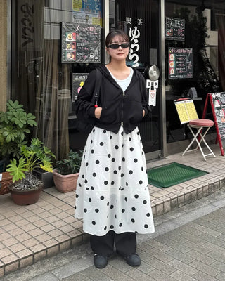 Big polka dot elastic waist long skirt