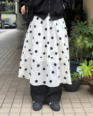 Big polka dot elastic waist long skirt