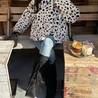 Leopard fur collar coat