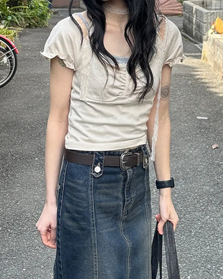 Shirred lace tie T-shirt