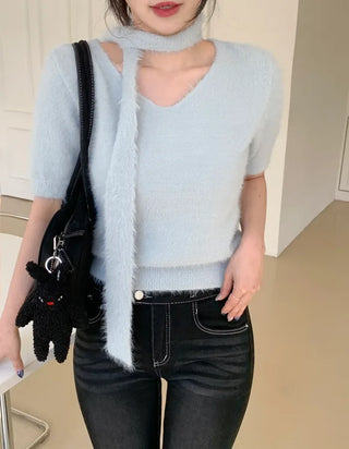 [2pcs] Angora Scarf Short-Sleeve Knit Set