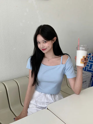 [2-way] Asymmetrical Shoulder Short-Sleeve T-Shirt (6 colors)
