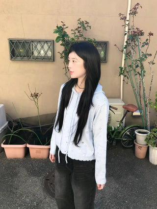 Knitted Flower Punching Hooded Cardigan