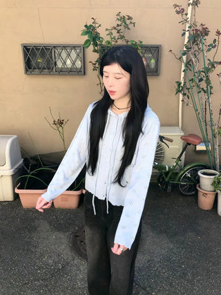 Knitted Flower Punching Hooded Cardigan