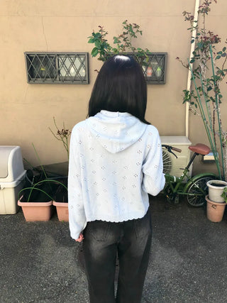 Knitted Flower Punching Hooded Cardigan