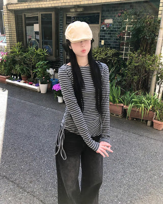 Striped Slim Shirred Long-Sleeve T-Shirt