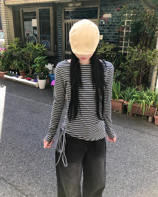 Striped Slim Shirred Long-Sleeve T-Shirt