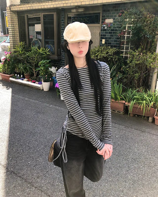 Striped Slim Shirred Long-Sleeve T-Shirt