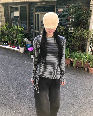 Striped Slim Shirred Long-Sleeve T-Shirt