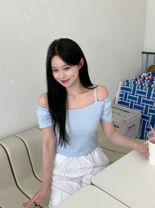[2-way] Asymmetrical Shoulder Short-Sleeve T-Shirt (6 colors)