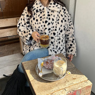 Leopard fur collar coat