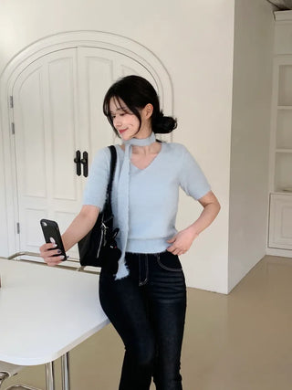 [2pcs] Angora Scarf Short-Sleeve Knit Set