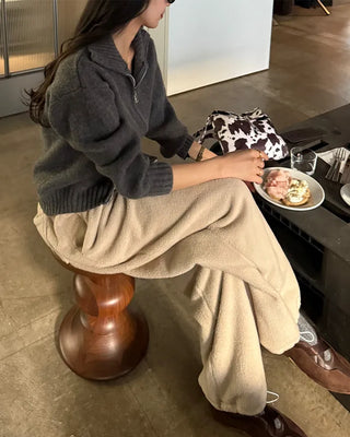 Fleece wide-leg pants with elastic waistband