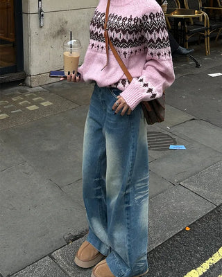 Unique whiskered wash low-rise denim pants