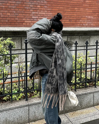 Leopard fringe knit scarf