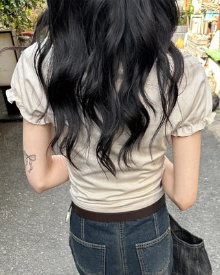Shirred lace tie T-shirt