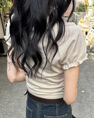 Shirred lace tie T-shirt