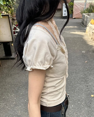 Shirred lace tie T-shirt