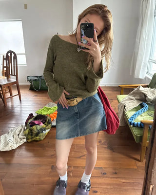 Hip flap pocket mini denim skirt