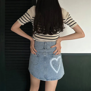 Two-button heart mini denim skirt