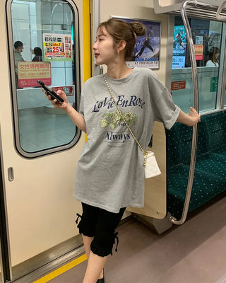 Pigmented floral print loose half-length T-shirt