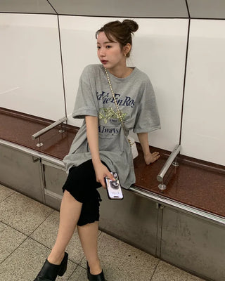 Pigmented floral print loose half-length T-shirt