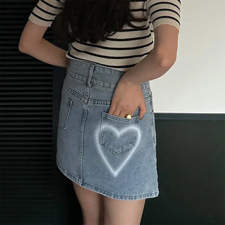 Two-button heart mini denim skirt