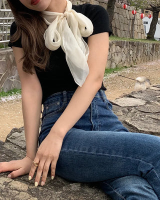 Scarf Ribbon Neck Short Sleeve Knit