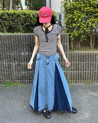 Slit two-tone denim long skirt