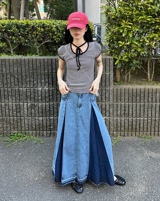 Slit two-tone denim long skirt