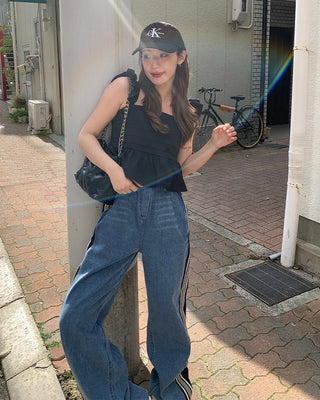 Triple side-stripe cutoff denim pants