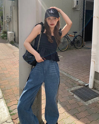 Triple side-stripe cutoff denim pants