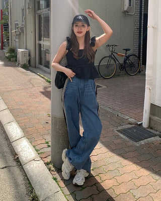Triple side-stripe cutoff denim pants