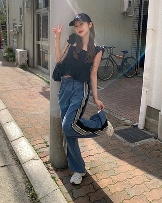 Triple side-stripe cutoff denim pants