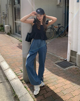 Triple side-stripe cutoff denim pants