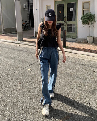 Triple side-stripe cutoff denim pants