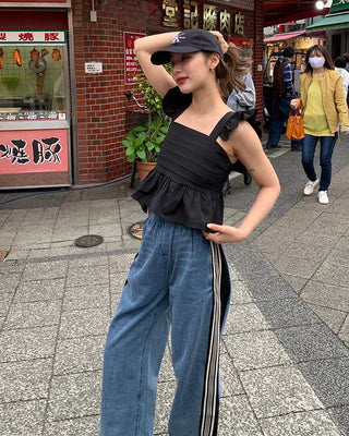 Triple side-stripe cutoff denim pants