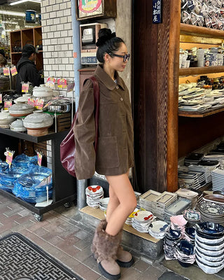 Harness-attached pattern fur suede short boots