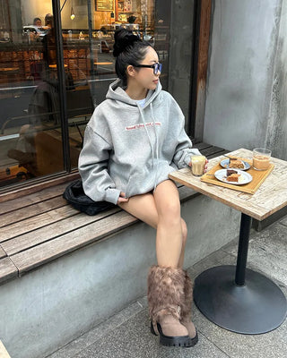 Harness-attached pattern fur suede short boots