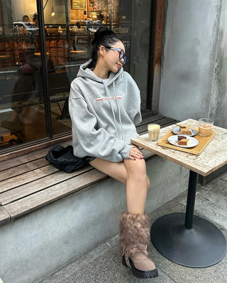 Harness-attached pattern fur suede short boots